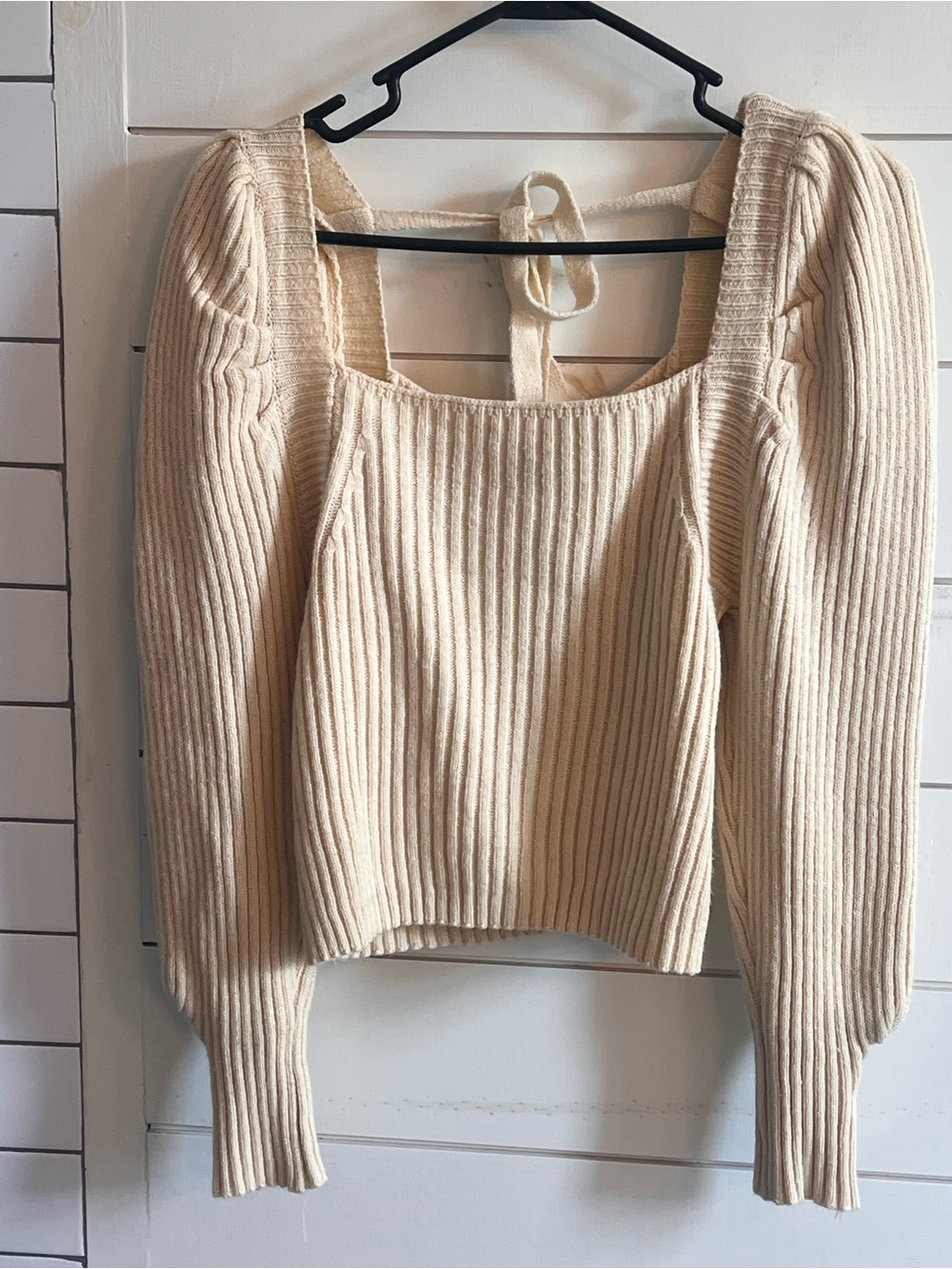 Vici Cream Ribbed Square-Neck Puff Sleeve Sweater